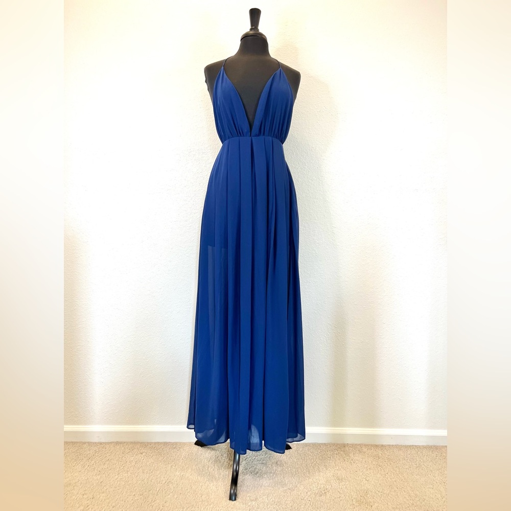 Blue Plunging Backless Maxi Dress w/ Side Slit.